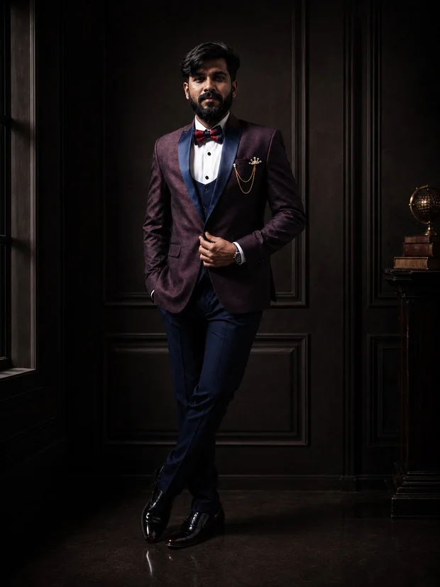 A client in a plum dinner jacket and black bow tie