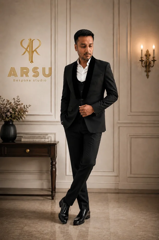A client in a black three-piece suit tailored by Arsu