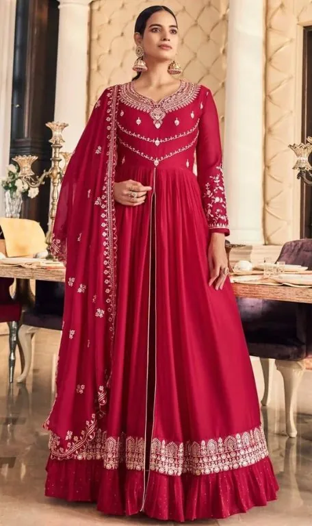 Red anarkali with silver embroidery
