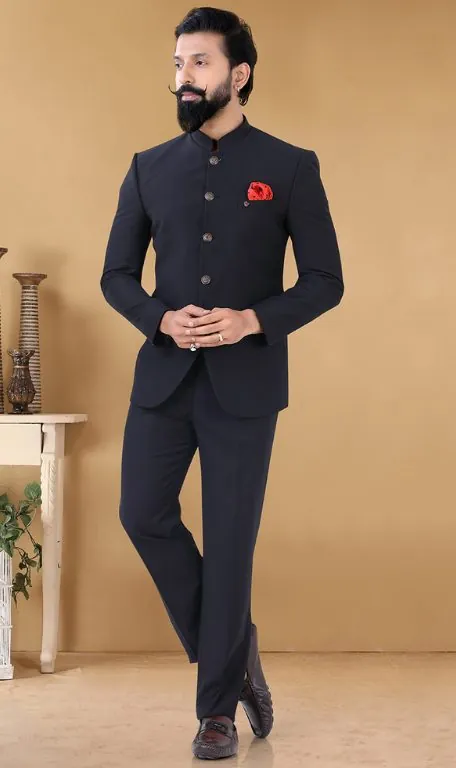 Navy bandhgala jacket and trousers, tailored