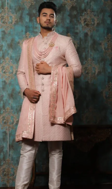 Blush sherwani with draped stole