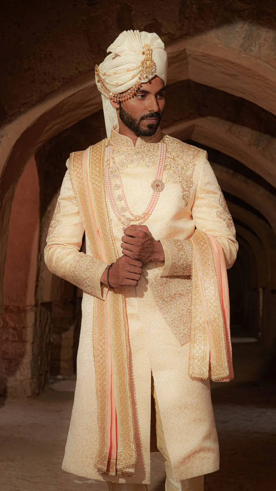 Ivory sherwani with safa, full length